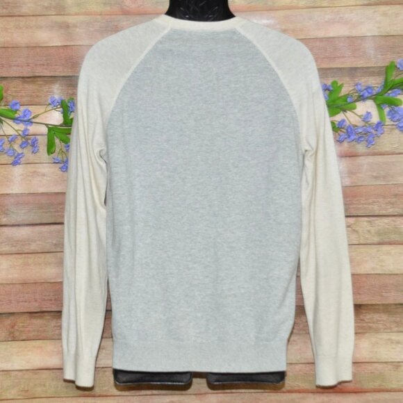 Express Mens M Neutral Beige & Gray Ragland Sleeve Cotton Thin Knit Sweater - Picture 3 of 6